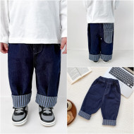 ꒰73-120cm꒱ 條紋撞色拼接牛仔褲