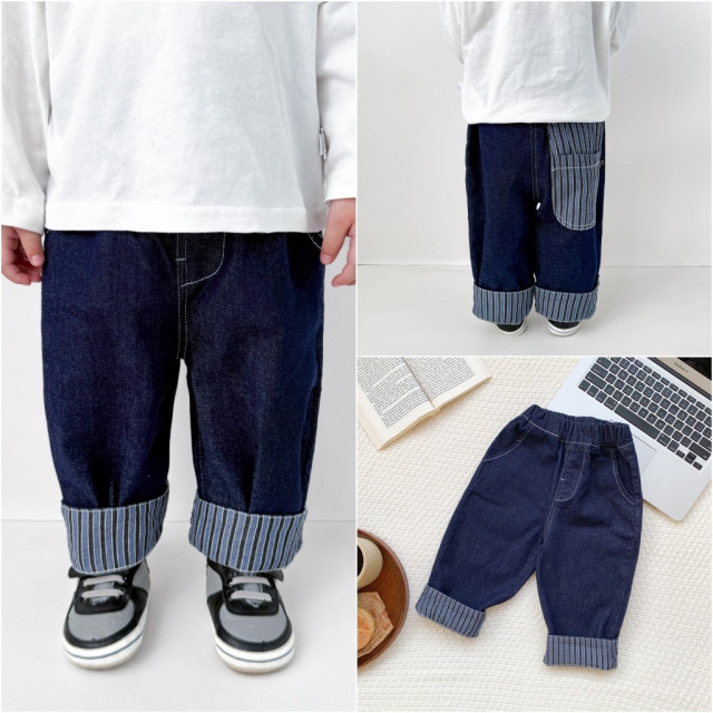 ꒰73-120cm꒱ 條紋撞色拼接牛仔褲