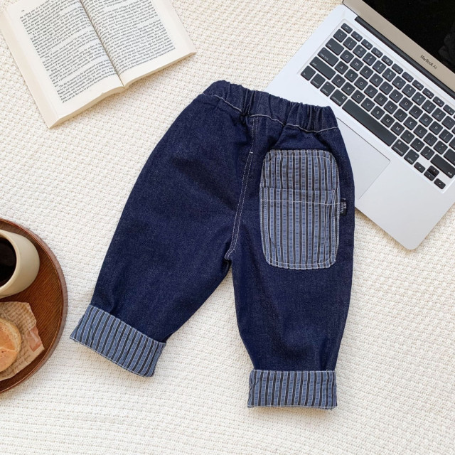 ꒰73-120cm꒱ 條紋撞色拼接牛仔褲