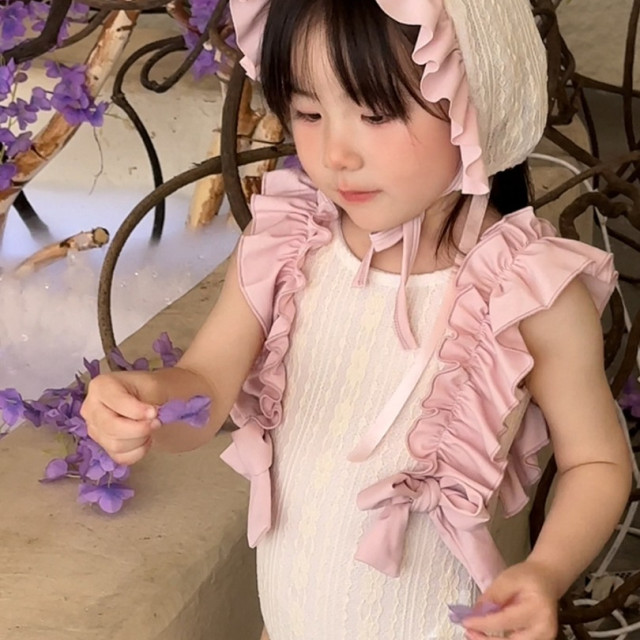 ꒰90-140cm꒱花邊蕾絲蝴蝶結連身泳衣