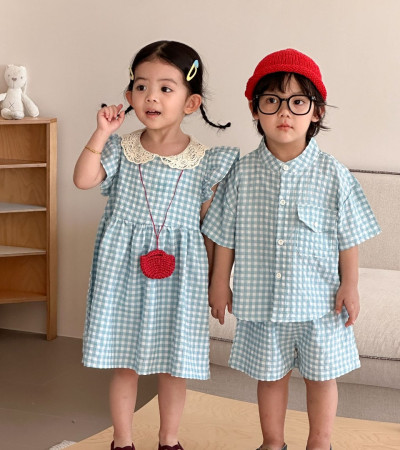 ꒰80-150cm꒱夏日清新藍格紋兄妹裝