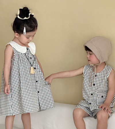 ꒰80-150cm꒱夏日經典黑白格兄妹裝